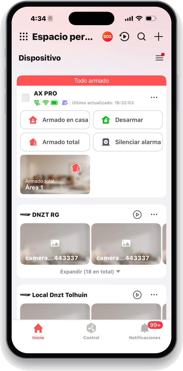 App en el celular con la alarma armada y las cámaras de la casa
